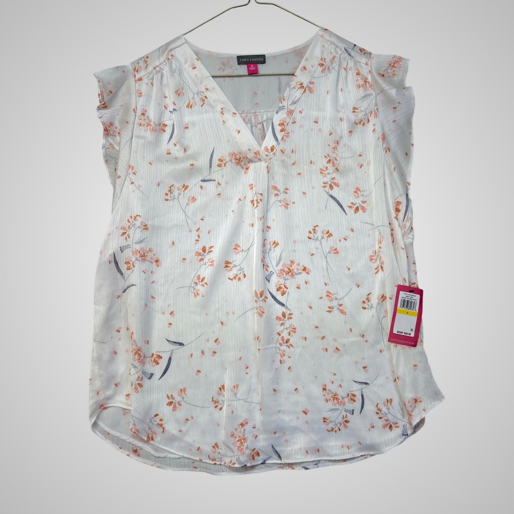 Vince Camuto Floral Blouse Womens Size M White Orange New Ruffle Cap Sleeve V103